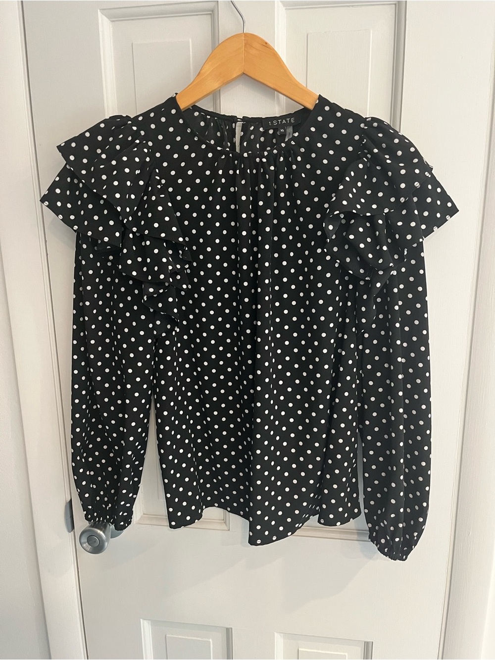 1. State Black Polka Dot Ruffle Long-Sleeve Top - XS